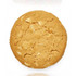 A round, golden-brown cookie featuring white chocolate and macadamia nuts, with a crumbly texture.