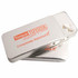 A silver Slider Tin with white tablets inside and a logo. It features a sleek, rectangular design.