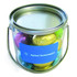 A small bucket containing mini Easter eggs wrapped in vibrant colours, featuring a silver lid and a handle.