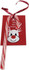 A red and white striped candy cane tied with a red ribbon, attached to a festive card featuring a reindeer face.