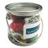 A small transparent PVC bucket filled with assorted Christmas chocolates in red, green, and gold wrappers.