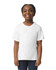 A young child smiles while wearing a white Gildan Youth Softstyle short sleeve T-shirt. The shirt has a logo.