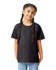 A black youth short sleeve t-shirt with a relaxed fit, displayed on a child with braided hair.