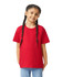 A red youth short sleeve T-shirt featuring a round neck and a slight loose fit, displayed on a child.