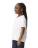 A white youth short sleeve T-shirt is displayed on a smiling child with long braids, set against a plain background.