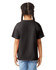 A black Gildan Youth Softstyle short sleeve T-shirt viewed from the back, worn by a child with braided hair.