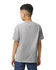 A boy wearing a grey Gildan Youth Softstyle short sleeve T-shirt, standing with his back to the viewer.