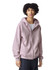 A unisex full zip hooded sweatshirt in a soft pink colour, featuring a hood and a brand logo.