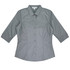 A grey button-up shirt with 3/4 sleeves and a fitted design, featuring a logo.