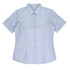 A short-sleeve button-up shirt in light blue with a fitted design and a logo.
