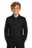 A black long-sleeve polo shirt for kids, featuring a collar and buttons, with a model smiling.