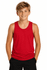 A red singlet for kids, featuring a standard tank top design. The garment has a logo on it.