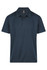 A dark navy polo shirt featuring a collar and buttons, with a logo on the upper section.