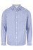 A long-sleeve button-up shirt featuring a blue and white gingham pattern, with a branded logo.