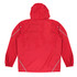 A red jacket with a hood, featuring elasticised cuffs and reflective detailing, presented from the rear view.