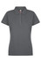A grey polo shirt featuring a collar, three buttons, and short sleeves. The shirt has a logo on the label.