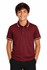 A maroon kids' polo shirt with a collar, featuring a logo. It has contrasting white stripes on the collar.
