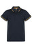 A navy polo shirt with yellow accents on the collar and sleeves, featuring a three-button placket and a logo.