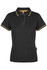 A black polo shirt with a yellow collar and sleeve trim, featuring a logo. Suitable for casual or semi-formal wear.