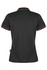 A black polo shirt with a stylish collar and red trim, featuring a logo.