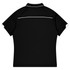 A black polo shirt with white detailing, designed for kids' sports uniforms, featuring a logo.