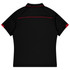 A black polo shirt with red accents and a logo on the back, designed for sports uniforms.