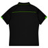 A black sports polo shirt featuring green accents and a logo on the collar.