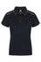 A navy blue polo shirt featuring a collar, buttons, and contrasting white accents. It has a brand logo.