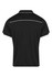 A black polo shirt with white piping, featuring a classic collar and short sleeves. It has a logo on the back.
