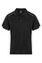 A black polo shirt featuring white accents, with a collar and short sleeves. Includes a branding logo.