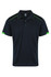 A navy polo shirt with green accents and a logo on the chest. Short sleeves and a classic collar design.