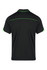A black polo shirt with green accents and a logo on the back, featuring a classic collar and short sleeves.