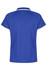 A blue polo shirt featuring a round collar and a simple design, with contrasting trim. It has a logo on the design.