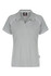 A light grey polo shirt with contrasting white piping and a logo on the collar.