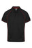 A black polo shirt with red piping and a logo on the chest. Designed for men, featuring a classic collar.