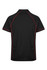A black polo shirt featuring red piping and a logo branding on the back.