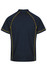 A navy polo shirt featuring yellow piping along the seams and a classic collar. It has a logo on the front.