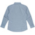 A long sleeve button-up shirt in a blue and white checkered pattern, featuring a collar and cuffed sleeves.
