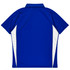 A blue polo shirt with white side panels and a collar. The back view displays the design and colour accents.
