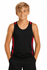 A black singlet with red stripes, worn by a smiling boy. The garment has a logo on it.