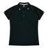 A black polo shirt with short sleeves and white stripes on the collar. Features a logo.