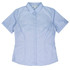 A short-sleeve button-up shirt in light blue with a fitted design, featuring a collar and branding.
