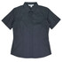 A dark grey short-sleeve button-up shirt with a collared neck and structured design. Features a logo.