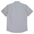 A short-sleeve button-up shirt featuring a blue and white striped pattern, with a collar and a logo detail.