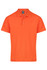 An orange polo shirt with a collar and three buttons, featuring a logo on the label.