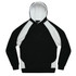 A black and white hoodie with a kangaroo pocket and a hood, featuring a logo on the chest.