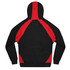 A black hoodie featuring red side panels and a hood, with a logo on the back.