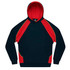 A hooded jumper featuring a navy base with red and yellow accents, designed for children. Includes a front pocket and a logo.