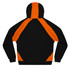 A black and orange hoodie featuring a contrasting design on the sleeves and back, with a hood and flat seams.
