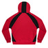 A red hoodie with black accents on the shoulders and hood, featuring a logo.